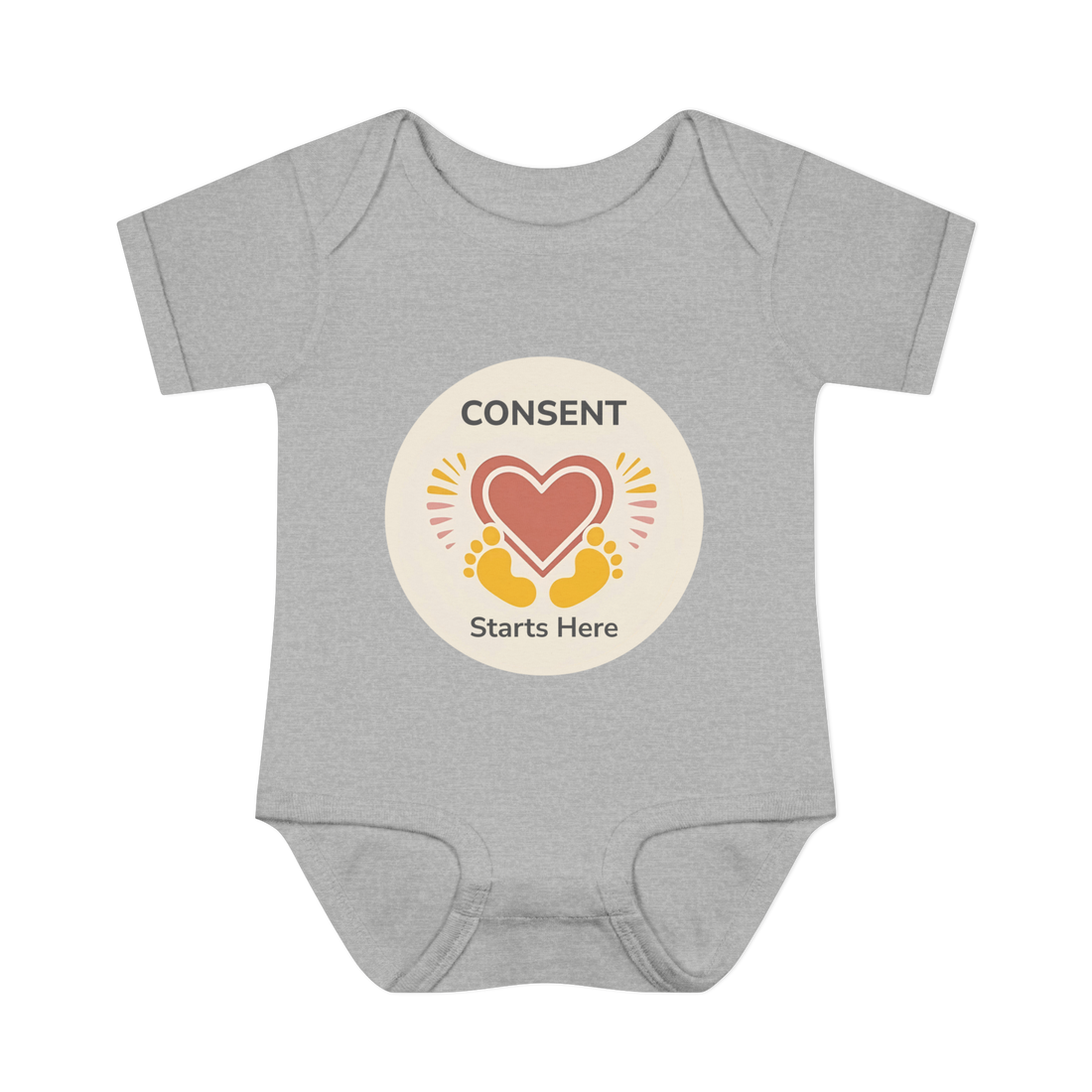 Cotton baby bodysuit featuring 'Consent Starts Here' message, with two baby feet and a heart symbol, emphasizing the importance of teaching consent and bodily autonomy from day one