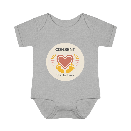 Cotton baby bodysuit featuring 'Consent Starts Here' message, with two baby feet and a heart symbol, emphasizing the importance of teaching consent and bodily autonomy from day one