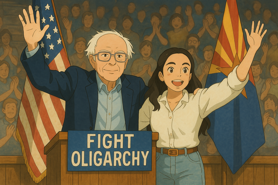 Studio Ghibli-style illustration depicting Bernie Sanders and Alexandria Ocasio-Cortez at a political rally with a "Fight Oligarchy" sign, U.S. and Arizona flags in the background, and a cheering crowd.​
